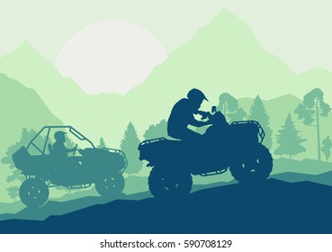 All terrain vehicle driver landscape with trees outdoor activity vector background