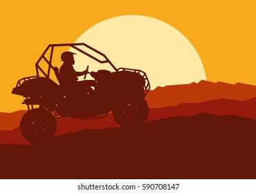 All terrain vehicle driver landscape outdoor activity vector background