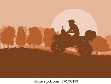 All terrain vehicle driver landscape with trees outdoor activity vector background