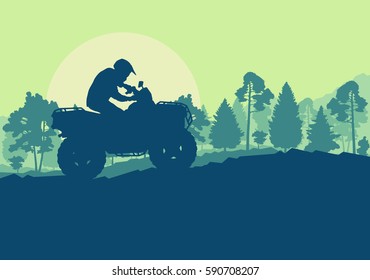 All terrain vehicle driver landscape with trees outdoor activity vector background