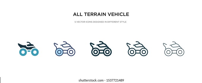 all terrain vehicle icon in different style vector illustration. two colored and black all terrain vehicle vector icons designed in filled, outline, line and stroke style can be used for web,