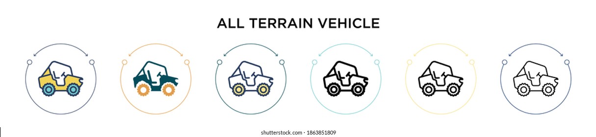 Icono de todo vehículo de terreno en el estilo relleno, delgado, contorno y trazo. Ilustración vectorial de dos diseños de vectores de vehículos de todo el terreno de color y negro se pueden utilizar para móviles, ui, web