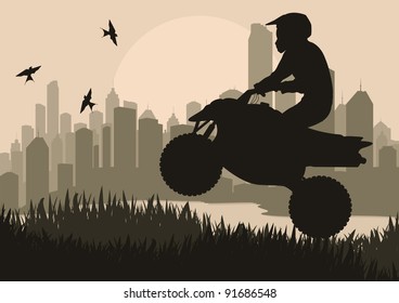 All terrain vehicle motorbike rider in skyscraper city landscape background illustration vector