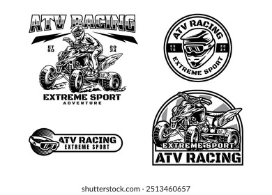 Vehículo todo terreno, todoterreno 4x4 quad y ATV diseño de logotipo de carreras para el deporte extremo. Logotipo moderno del símbolo del piloto y del vehículo de ATV. Ilustración del logotipo de la insignia del emblema del deporte del casco y de las gafas de ATV