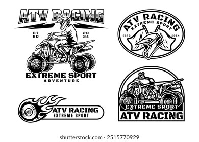 all terrain vehicle, off road 4x4 quad racing logo design for extreme sport. ATV rider and vehicle sign symbol modern logo. ATV helmet flag and tire fire flame sport emblem badge logo illustration