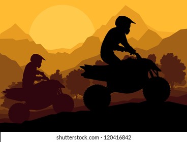 All terrain vehicle quad motorbike riders in wild nature forest mountain landscape background illustration vector