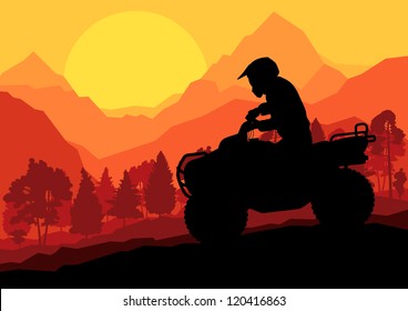 All terrain vehicle quad motorbike rider in wild nature forest mountain landscape background illustration vector