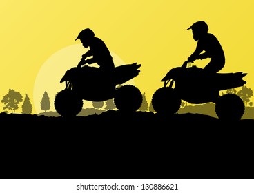 All terrain vehicle quad motorbike riders in countryside forest nature landscape background illustration vector