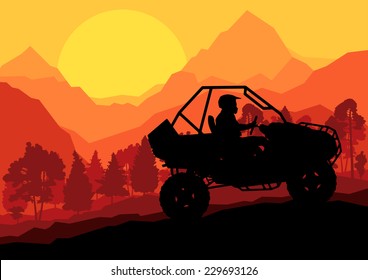 All terrain vehicle quad motorbike rider in wild nature forest mountain landscape background illustration vector