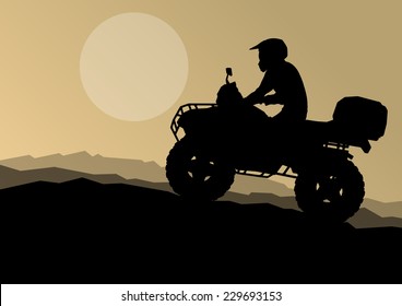 All terrain vehicle quad motorbike rider in wild nature forest mountain landscape background illustration vector