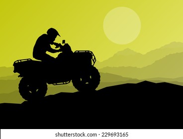 All terrain vehicle quad motorbike rider in wild nature forest mountain landscape background illustration vector