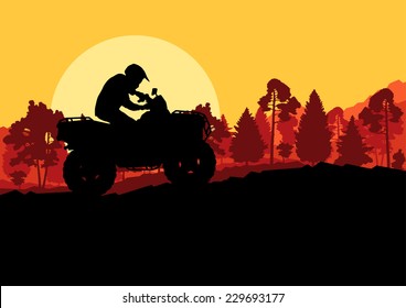 All terrain vehicle quad motorbike rider in wild nature forest mountain landscape background illustration vector