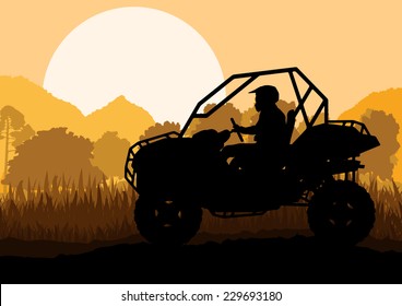 All terrain vehicle quad motorbike rider in wild nature forest mountain landscape background illustration vector