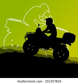 All terrain vehicle quad motorbike riders in wild nature abstract mountain landscape background illustration vector