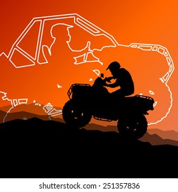 All terrain vehicle quad motorbike riders in wild nature abstract mountain landscape background illustration vector