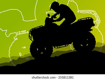 All terrain vehicle quad motorbike riders in wild nature abstract mountain landscape background illustration vector