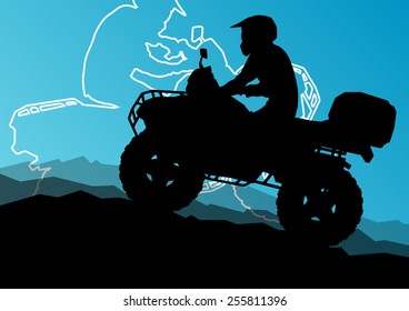 All terrain vehicle quad motorbike riders in wild nature abstract mountain landscape background illustration vector