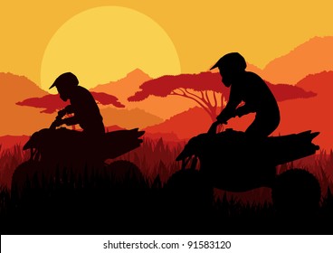 All terrain vehicle quad motorbike riders in wild nature landscape background illustration vector