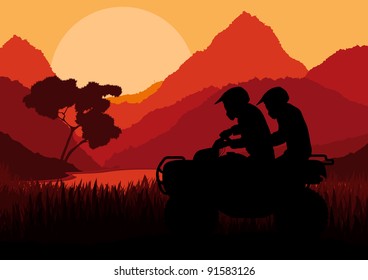 All terrain vehicle quad motorbike riders in wild nature landscape background illustration vector