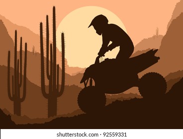 All terrain vehicle quad motorbike rider in wild nature desert landscape background illustration vector