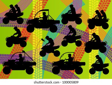 All terrain vehicle quad motorbikes riders illustration collection on colorful summer tire track background vector