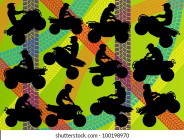 All terrain vehicle quad motorbikes riders illustration collection on colorful summer tire track background vector