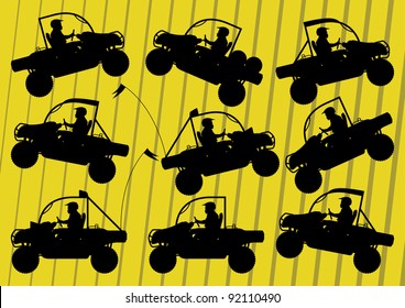 All terrain vehicle quad motorbikes and dune buggy riders illustration collection background vector