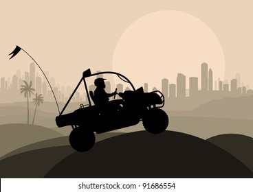 All terrain vehicle rider in desert skyscraper city landscape background illustration vector