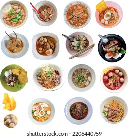 All thai noodles soup vector set. Food made from different types of noodle. Boat Noodles, Tom Yum Noodle, Dried Sukiyaki and Soup, Yentafo, Beef Noodle, Soft Boiled Eggs, Fried Wontons, Wonton Noodle.