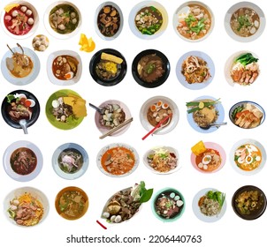 All thai noodles soup vector set. Food made from different types of noodle. Boat Noodles, Tom Yum Noodle, Dried Sukiyaki and Soup, Yentafo, Beef Noodle, Soft Boiled Eggs, Fried Wontons, Wonton Noodle.