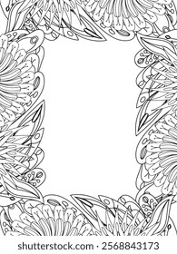 All these designs are hand-drawn and unique 
Beautiful Flowers Border black and white illustration for adult coloring book,
This is a printable Beautiful Zentangle Coloring page for KDP Interior,