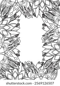 All these designs are hand-drawn and unique 
Beautiful Flowers Border black and white illustration for adult coloring book,
This is a printable Beautiful Zentangle Coloring page for KDP Interior,