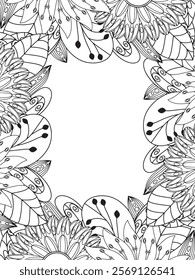 All these designs are hand-drawn and unique 
Beautiful Flowers Border black and white illustration for adult coloring book,
This is a printable Beautiful Zentangle Coloring page for KDP Interior,