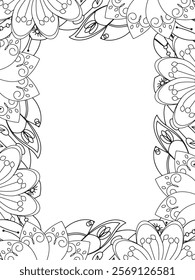 All these designs are hand-drawn and unique 
Beautiful Flowers Border black and white illustration for adult coloring book,
This is a printable Beautiful Zentangle Coloring page for KDP Interior,