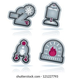 All things (objects) which are related to a winter time. Pictured here left to right, top to bottom: Temperature in Celsius scale, Winter sign, Winter hat, Fireplace.