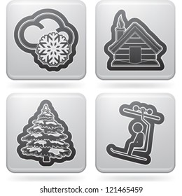 All things (objects) which are related to a winter time. Pictured here left to right, top to bottom: Snowy weather, Winter wooden home, Coniferous tree, Ski lift.