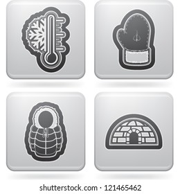 All things (objects) which are related to a winter time. Pictured here left to right, top to bottom: Temperature, Winter gloves, Winter jacket, Igloo.