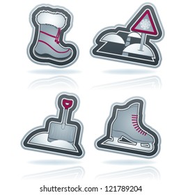 All things (objects) which are related to a winter time. Pictured here left to right, top to bottom: Winter shoes, Road and snow, Snow shovel, Skates.
