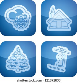 All things (objects) which are related to a winter time. Pictured here left to right, top to bottom: Snowy weather, Winter wooden home, Coniferous tree, Ski lift.