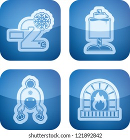 All things (objects) which are related to a winter time. Pictured here left to right, top to bottom: Temperature in Celsius scale, Winter sign, Winter hat, Fireplace.