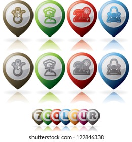 All things (objects) which are related to a winter time. Pictured here left to right:  Snowman, Bird feeder, Temperature in Fahrenheit, Snowmobile.