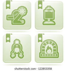 All things (objects) which are related to a winter time. , pictured here from left to right, top to bottom: Temperature in Celsius scale, Winter sign, Winter hat, Fireplace.
