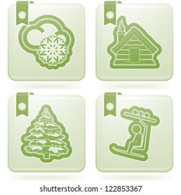 All things (objects) which are related to a winter time. , pictured here from left to right, top to bottom: Snowy weather, Winter wooden home, Coniferous tree, Ski lift.