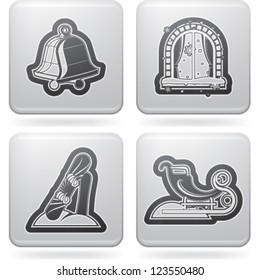 All things (objects) which are related to a winter time. Pictured here left to right, top to bottom: Bells, Snow and window, Snowboard, Sleigh.