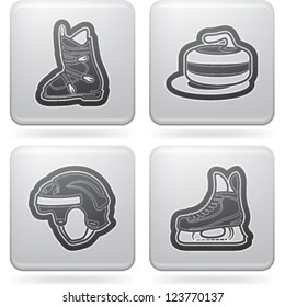 All things (objects) which are related to a winter time. Pictured here left to right, top to bottom: Ski boot, Curling, Hockey helmet, Ice skate.