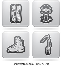 All things (objects) which are related to a winter time. Pictured here left to right, top to bottom: Snowboard, Crampons, Mountaineering shoes, Ice Axe.