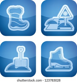 All things (objects) which are related to a winter time. Pictured here left to right, top to bottom: Winter shoes, Road and snow, Snow shovel, Skates.