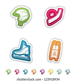 All things (objects) which are related to a winter sports. Pictured here left to right, top to bottom: Snowboard helmet, Ice hockey stick & flat puck, Ice skates, Luge.