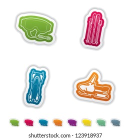 All things (objects) which are related to a winter sports. Pictured here left to right, top to bottom: Goggles, Skis and poles, Bobsleigh, Snowmobile.