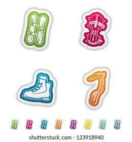 All things (objects) which are related to a winter sports. Pictured here left to right, top to bottom: Snowboard, Crampons, Mountaineering shoes, Ice Axe.